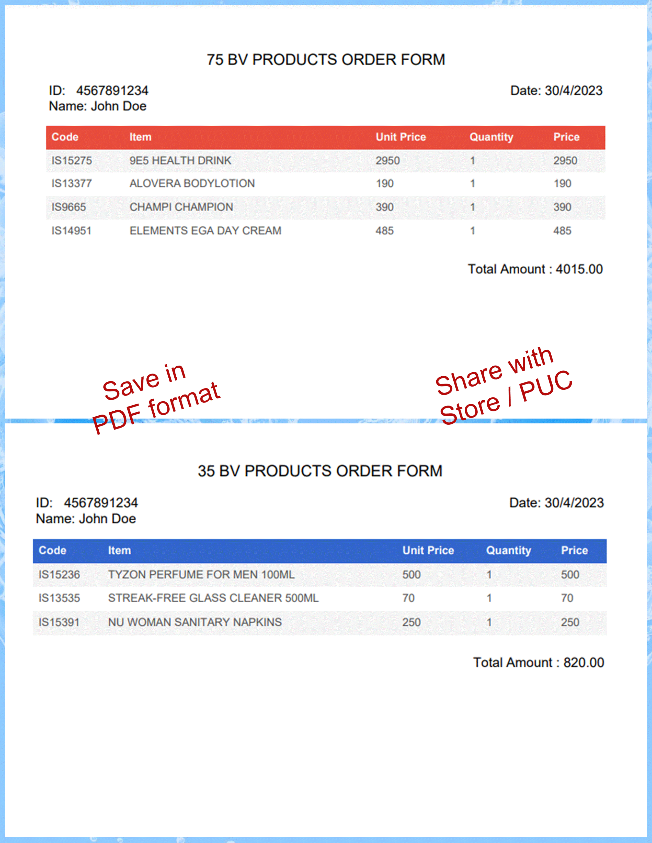 Orders export to PDF file format